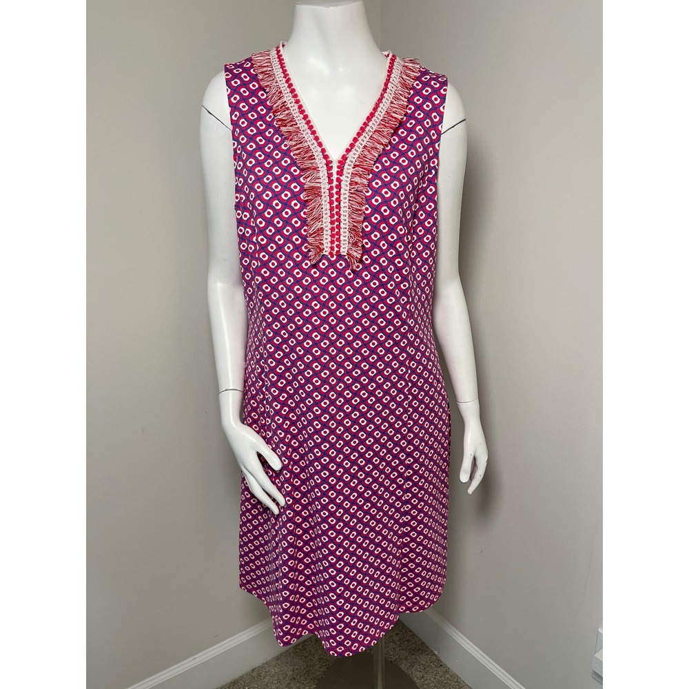 J.McLaughlin Lola Catalina Cloth Shift Dress Pink Blue Geometric Fringe V-Neck L